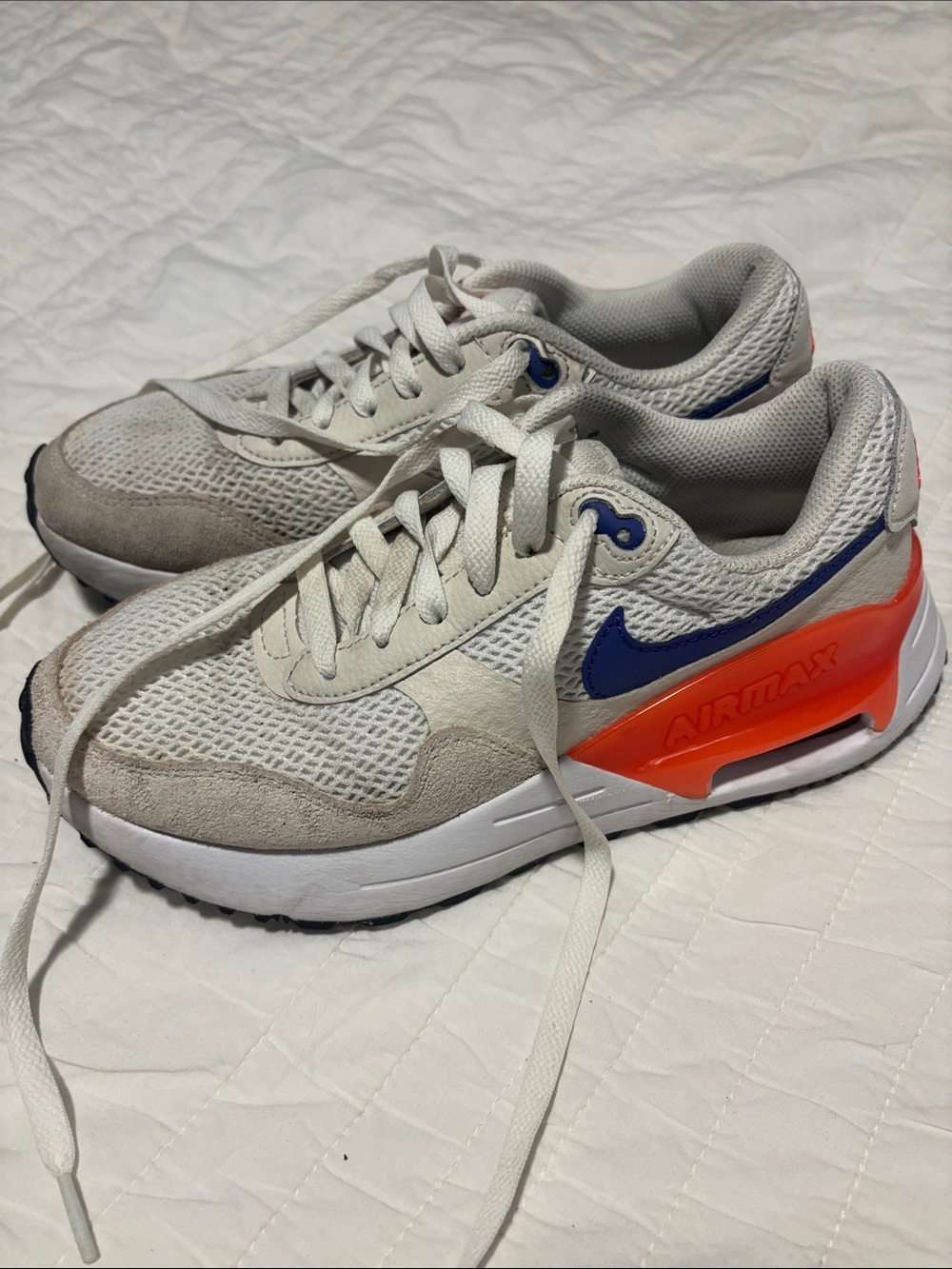 Nike Airmax Neutral Mesh Sneakers with Blue Swoosh and Orange Heel